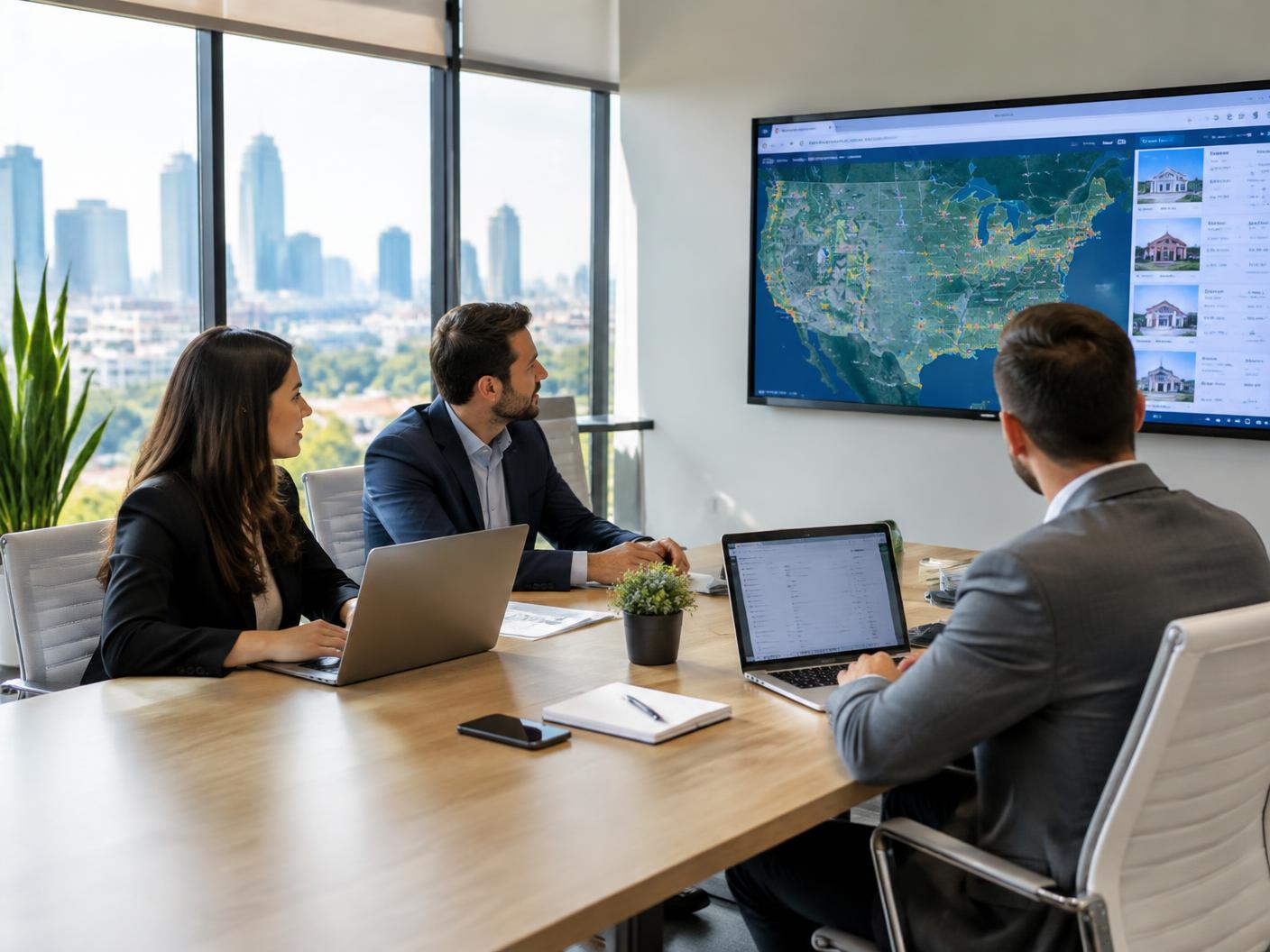 Real estate agents reviewing national market data in a modern brokerage office
