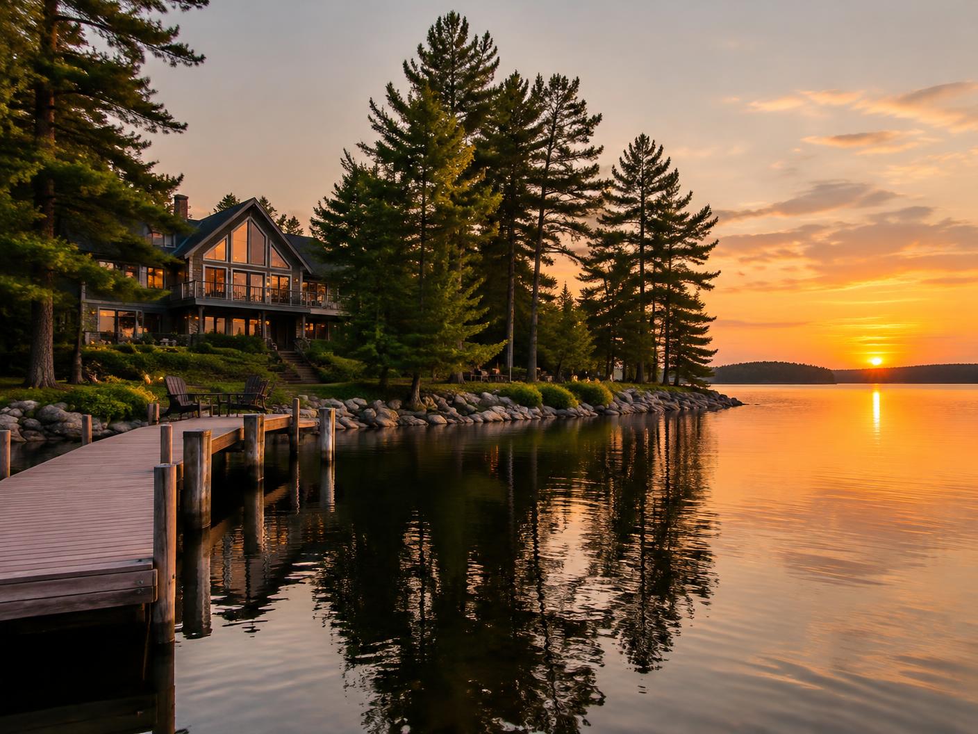 Minnesota lake home and dock at sunset
