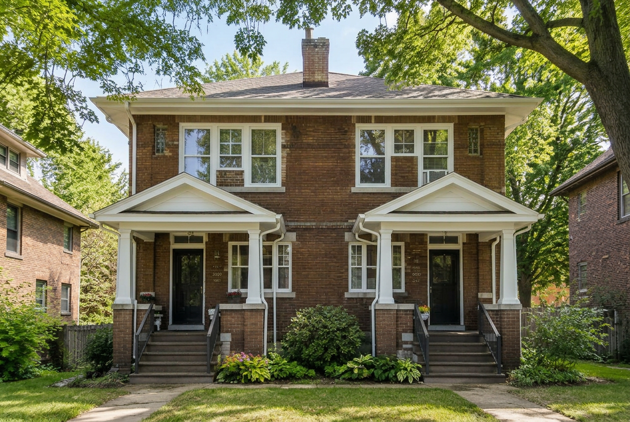 Classic brick up-and-down duplex with two front porches on a tree-lined street