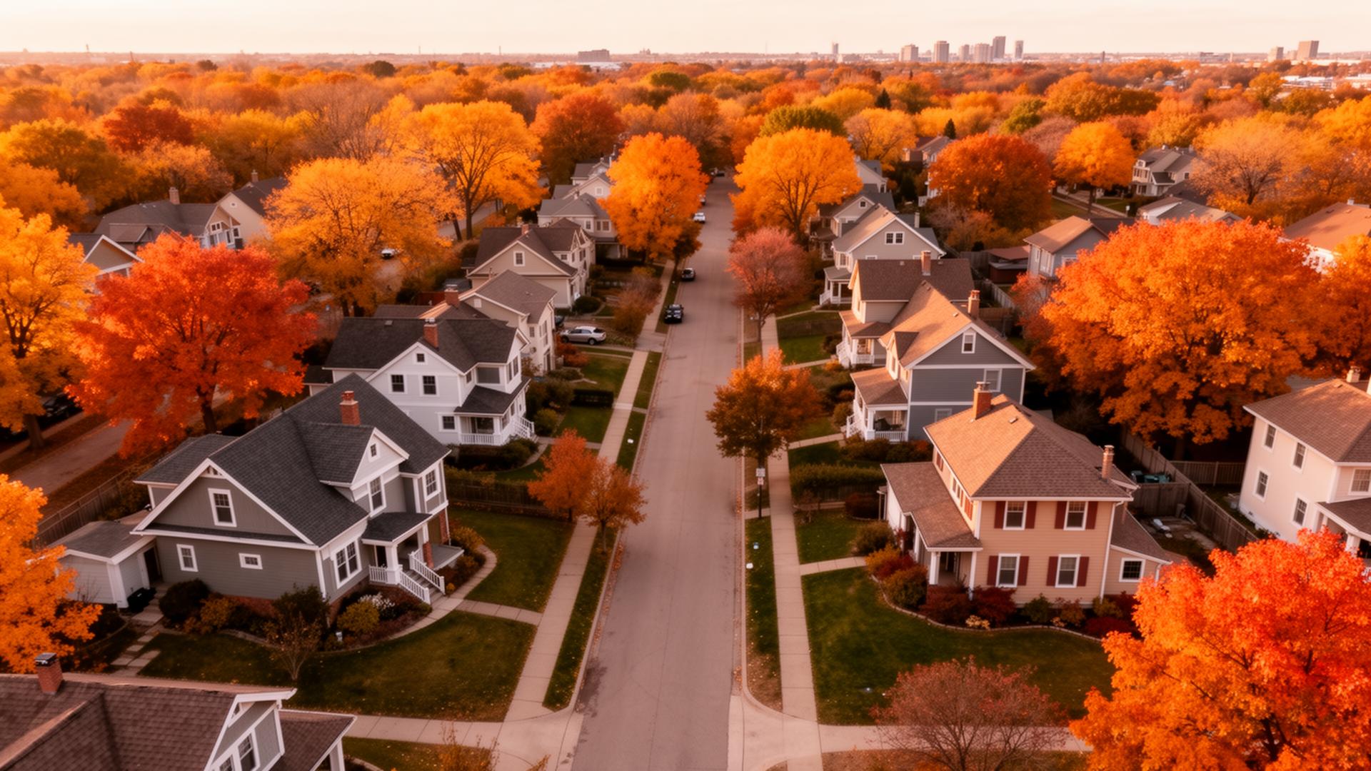 Aerial view of a Minnesota neighborhood in autumn