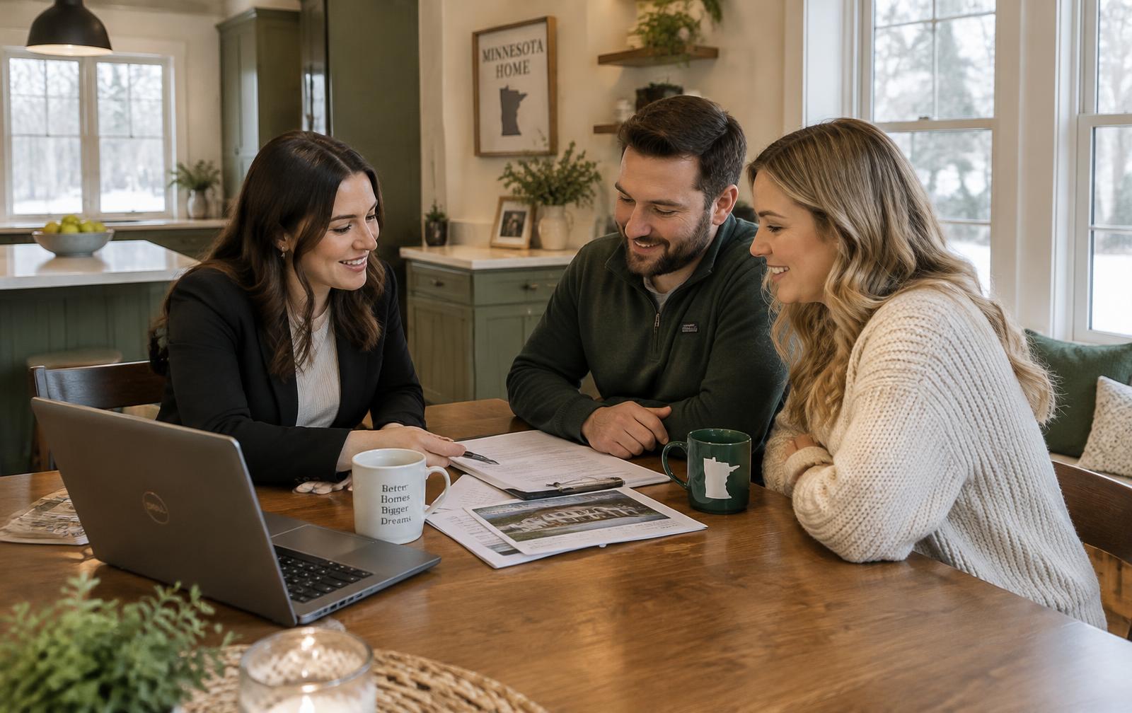 A REALTOR® reviewing move planning documents at a kitchen table with two homeowners