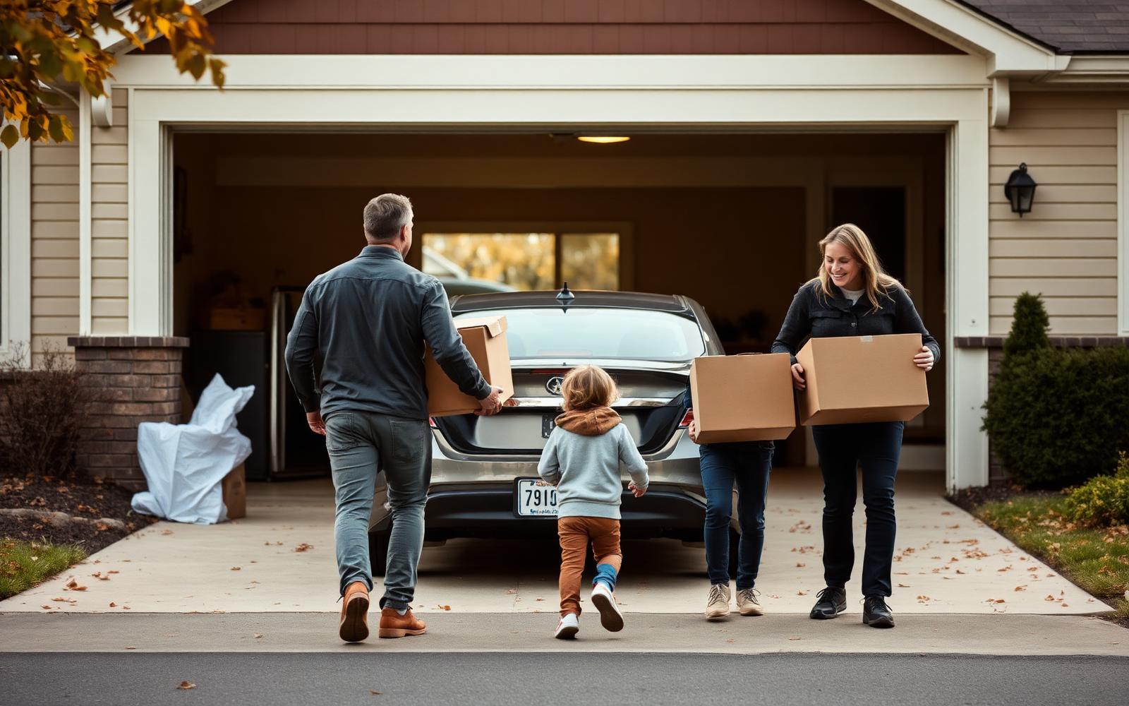 A Minnesota family loading moving boxes into a car in the driveway of their home