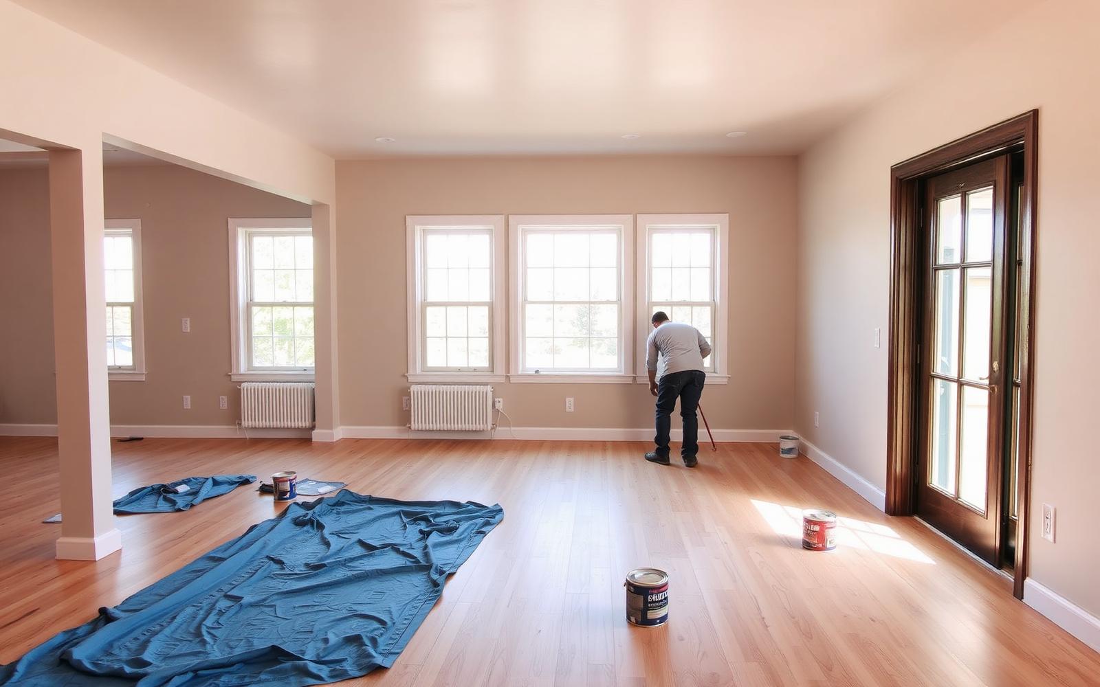 Fresh flooring and new interior paint being installed in an empty living room before the home is listed